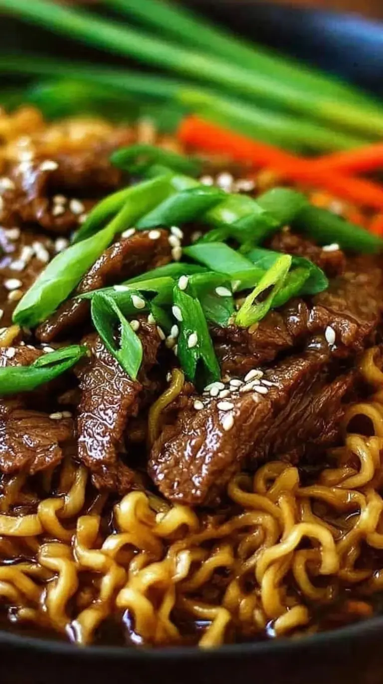 A steaming bowl of slow cooker beef ramen noodles topped with fresh green onions and sesame seeds.