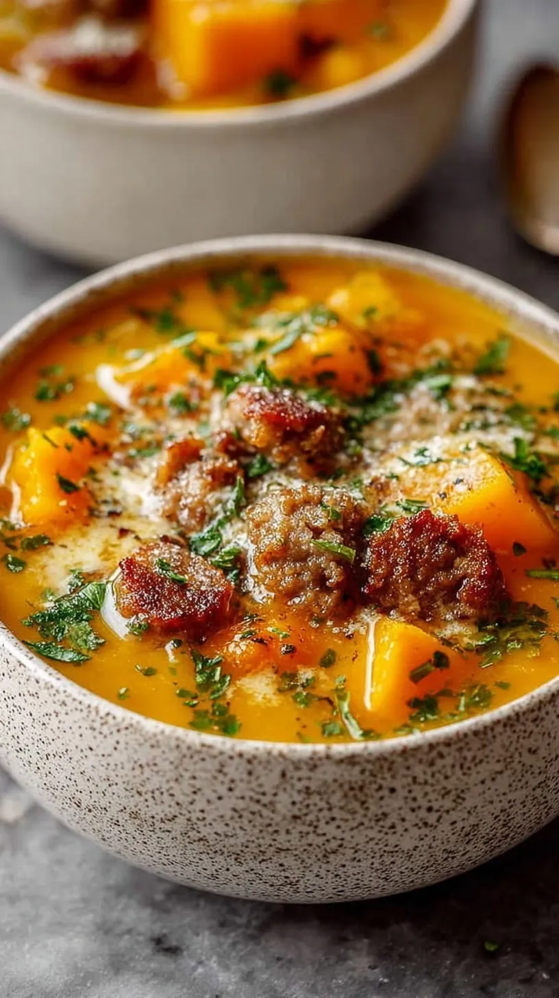 A creamy bowl of butternut squash soup with browned turkey sausage and fresh sage leaves