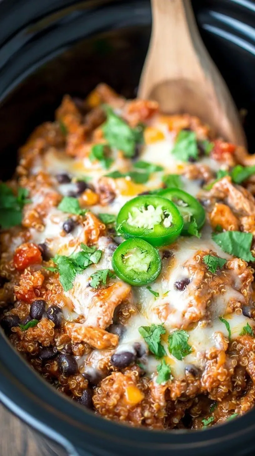 A close-up shot of cheesy Mexican quinoa casserole in a slow cooker topped with fresh cilantro