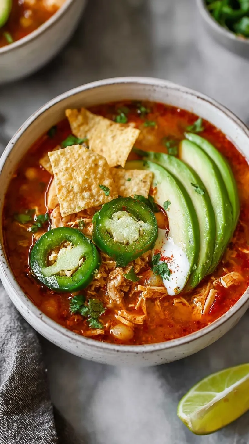 A steaming bowl of Slow Cooker Chicken Fajita Soup topped with fresh avocado, cilantro, and a lime wedge.