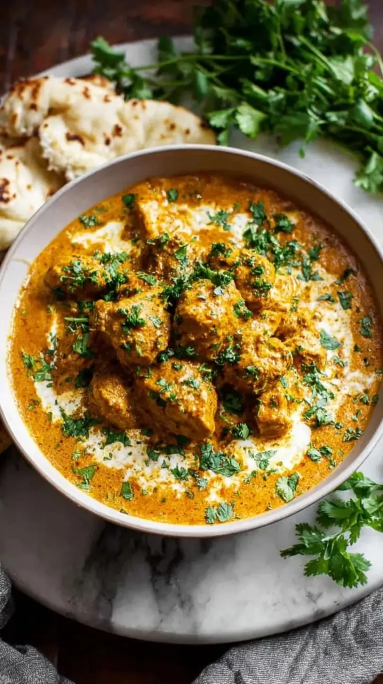 A bowl of creamy slow cooker chicken korma topped with cilantro and flaked almonds