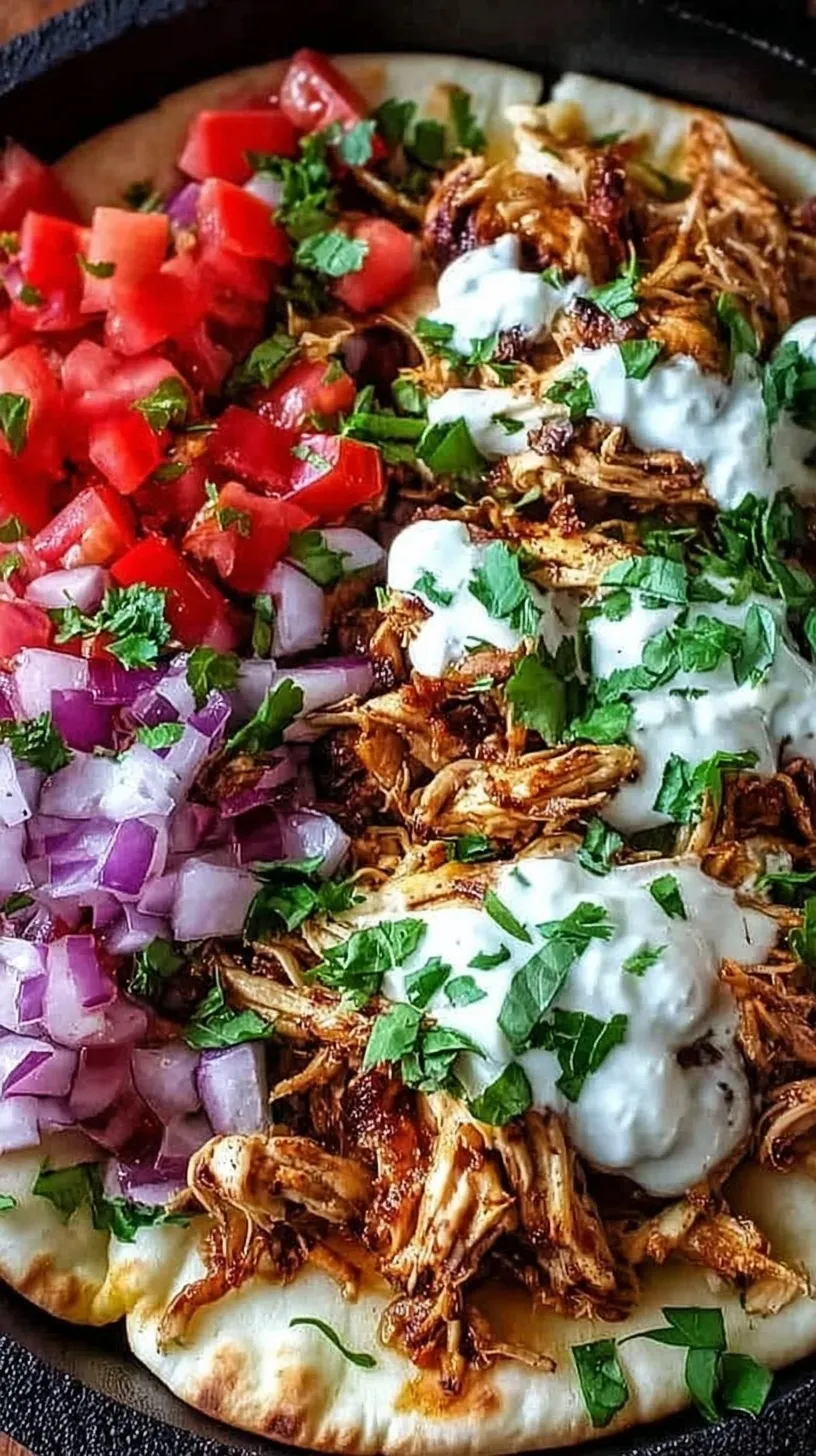 Succulent shredded chicken shawarma with charred edges served in a bowl with red onions and spices