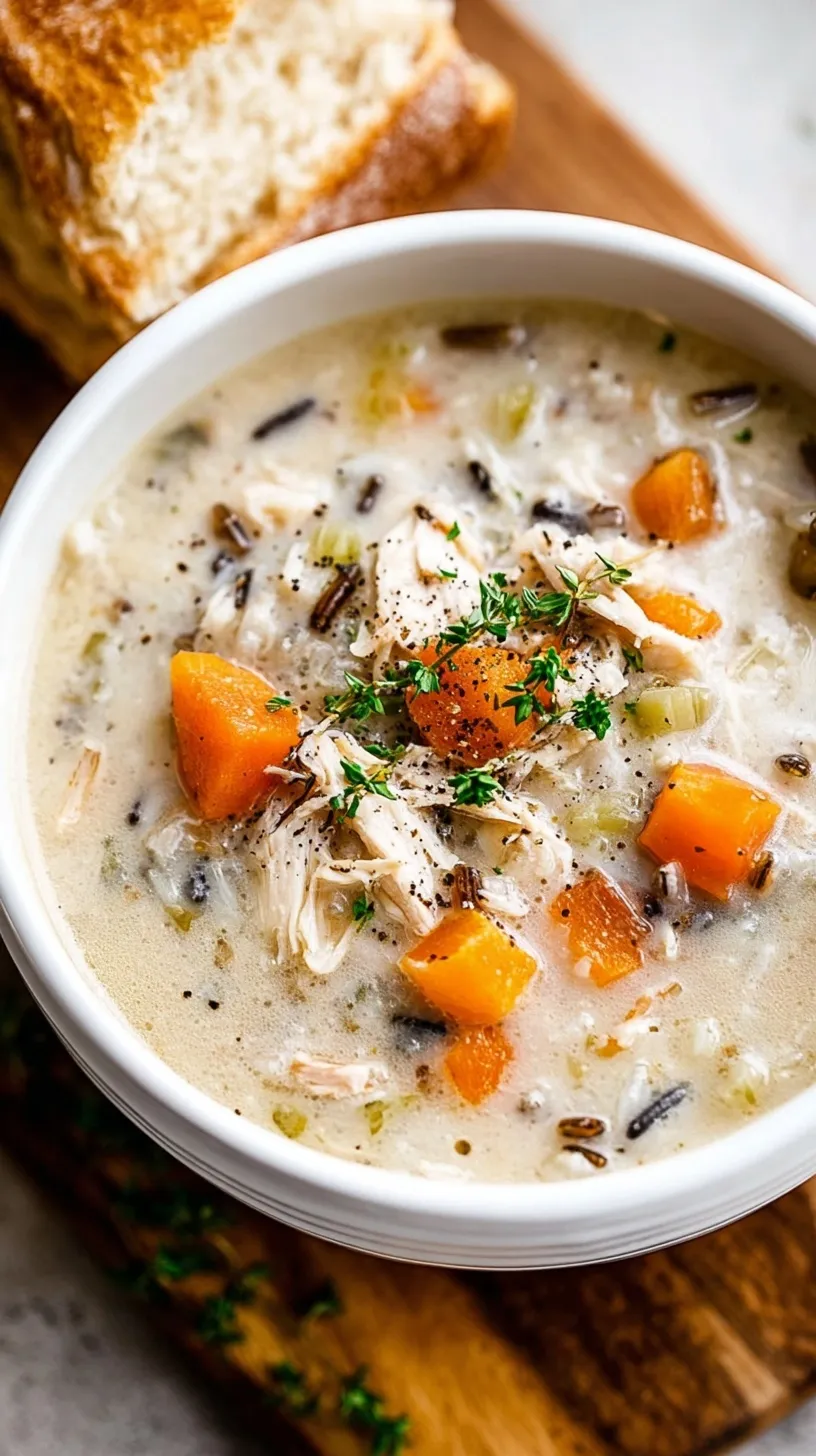 A bowl of creamy chicken wild rice soup with fresh spinach and shredded chicken