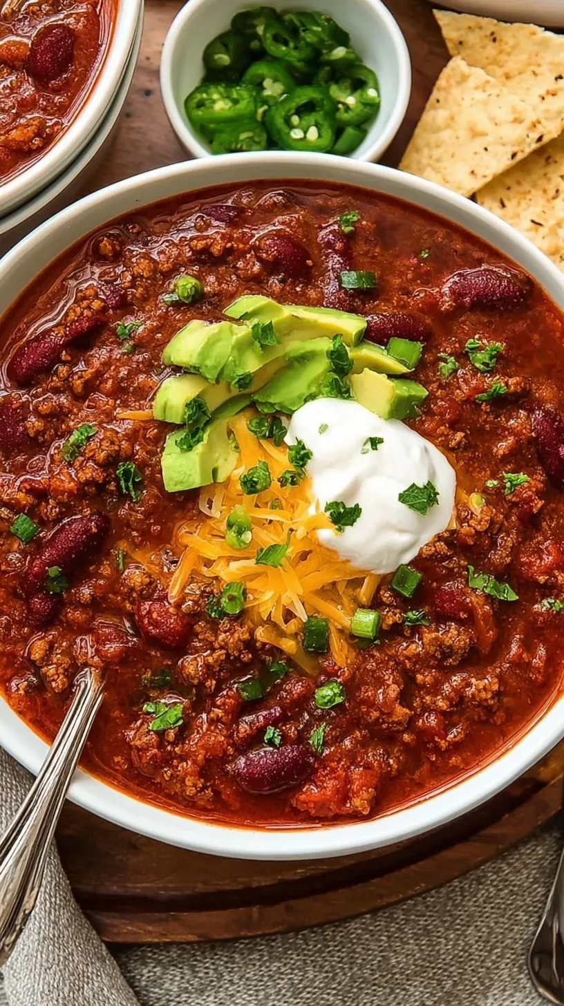 A bowl of hearty slow cooker beef chili topped with cheese and sour cream