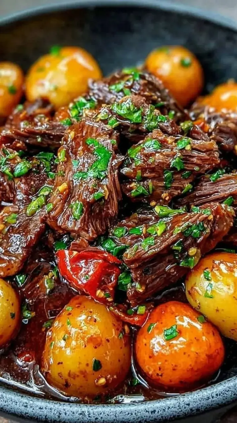 Slow cooker beef cubes and baby potatoes in a rich garlic butter sauce topped with fresh parsley