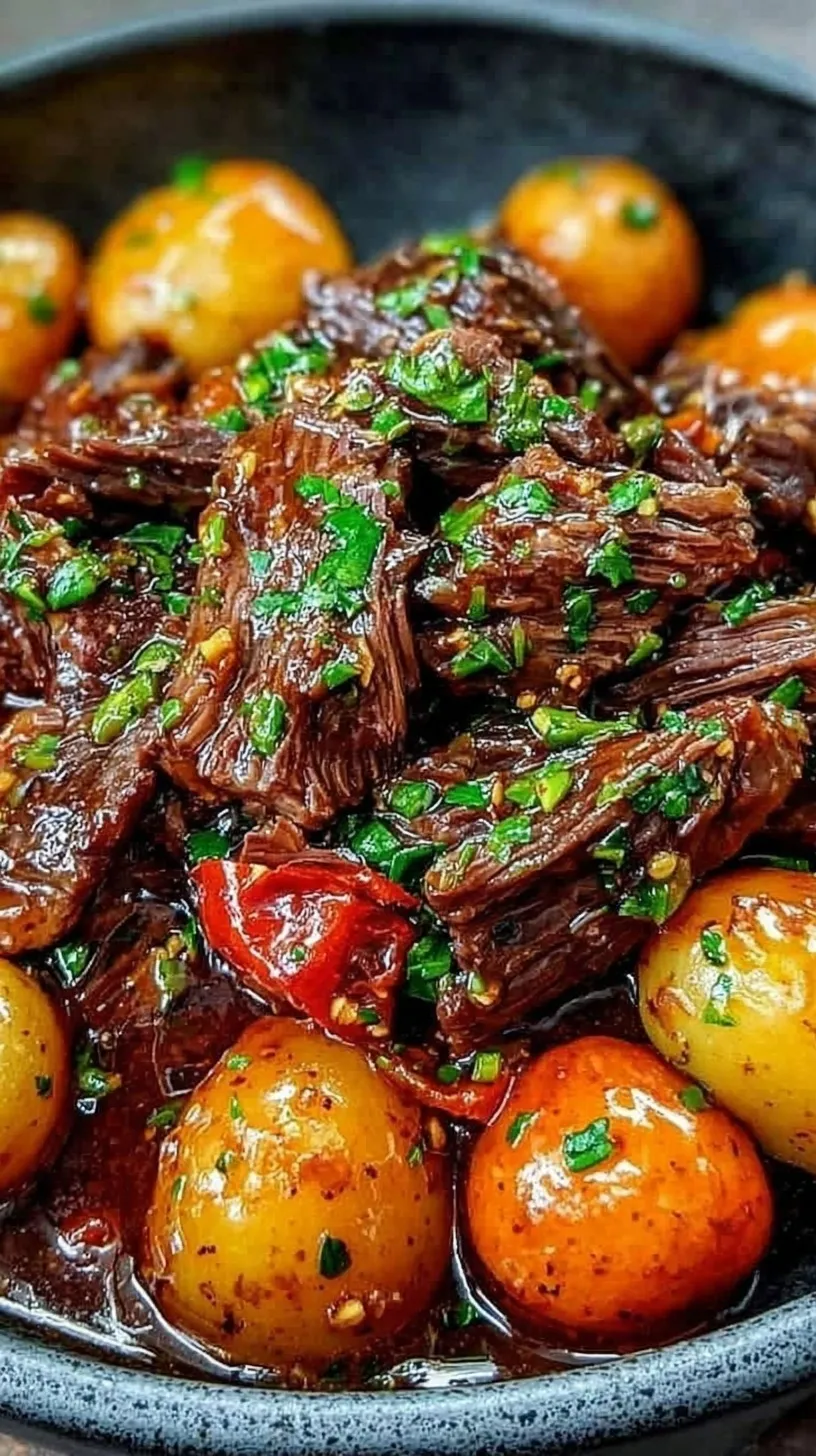 Slow cooker beef cubes and baby potatoes in a rich garlic butter sauce topped with fresh parsley