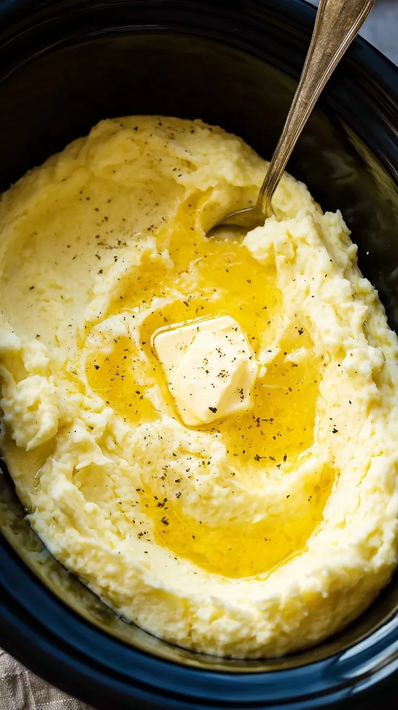A white bowl filled with creamy slow cooker mashed potatoes topped with melted butter and fresh chives.