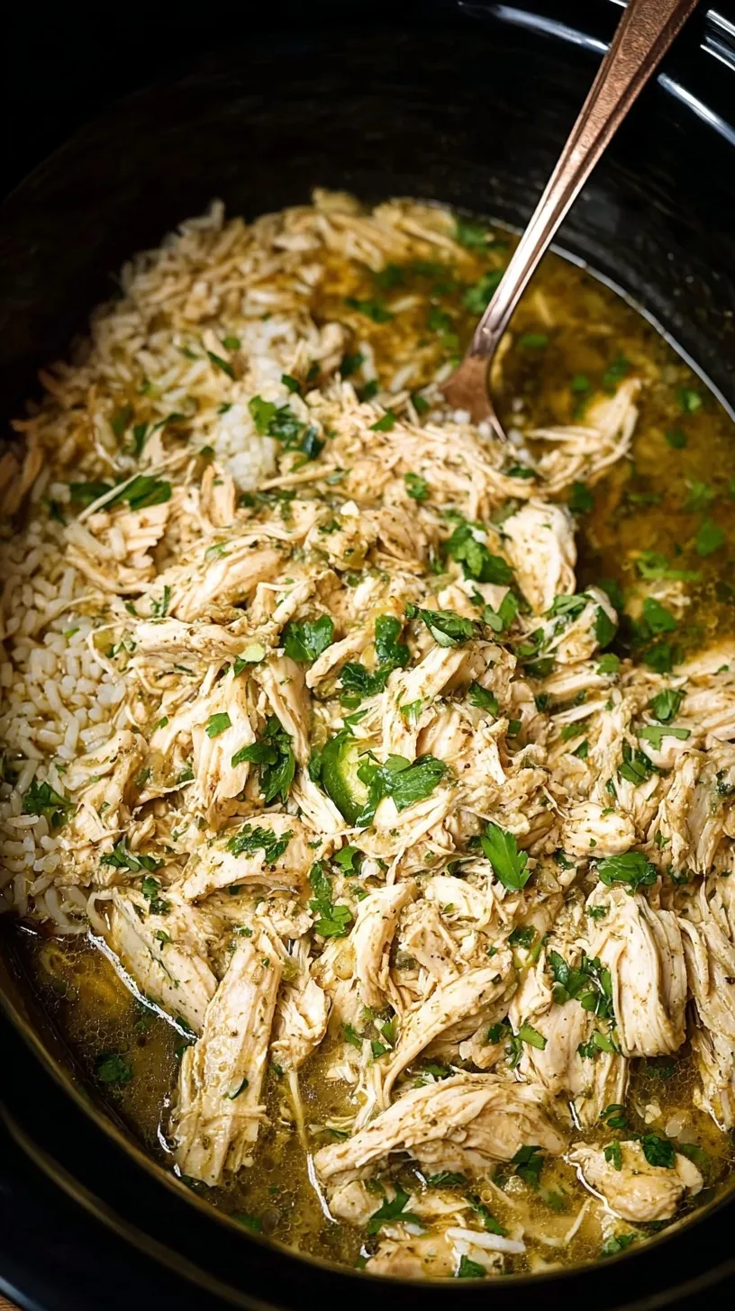Shredded salsa verde chicken in a slow cooker topped with fresh cilantro.