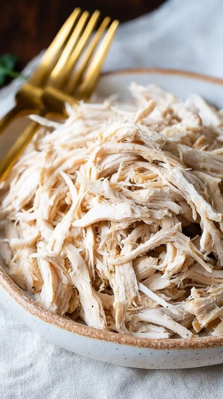 Juicy shredded chicken in a bowl with herbs
