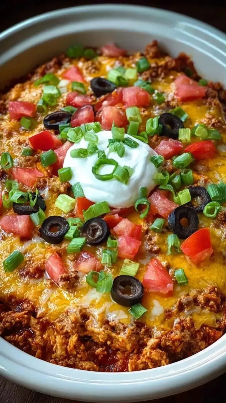 Layered slow cooker taco casserole with melted cheese, black olives, and corn tortilla strips