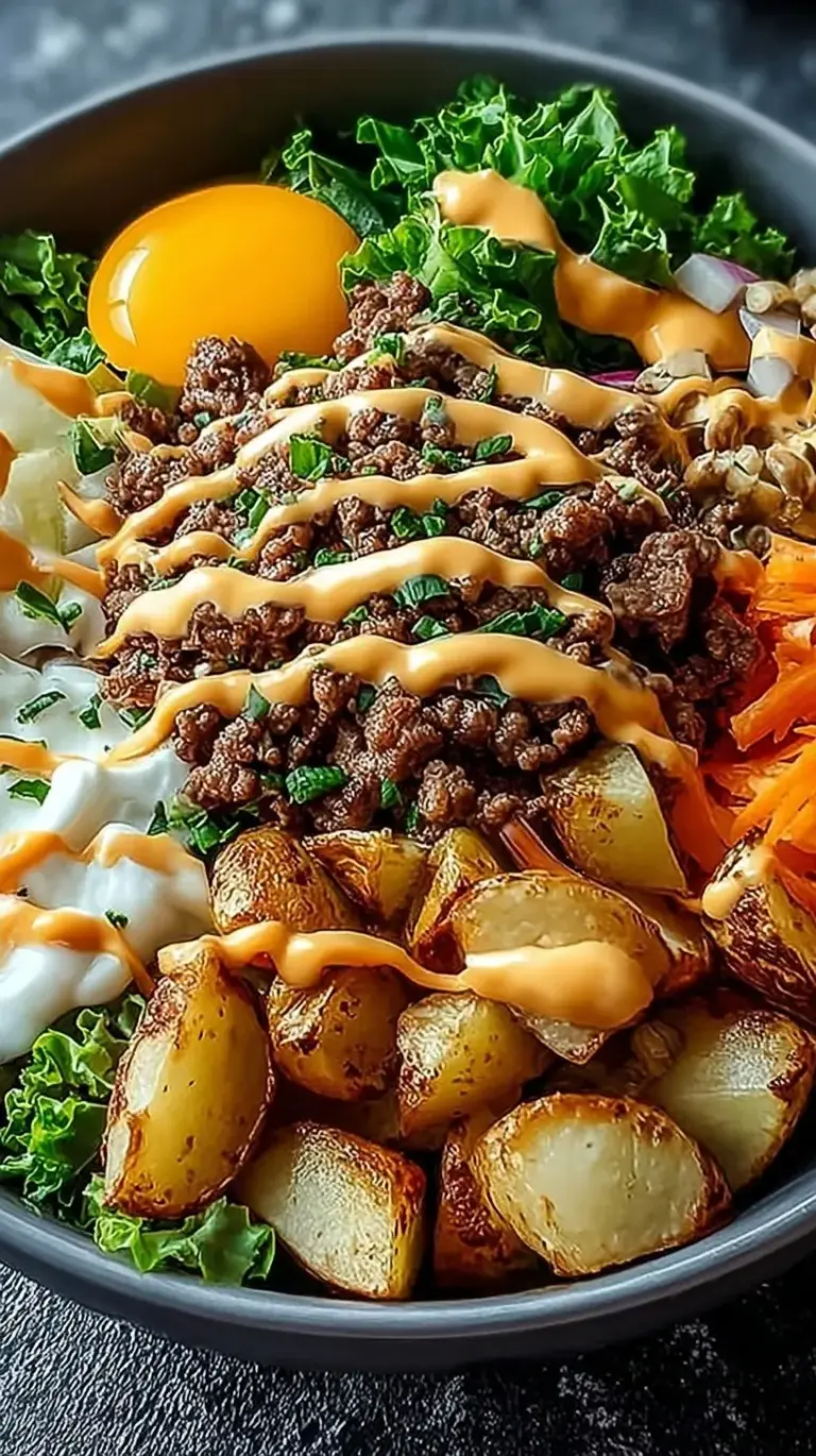 A vibrant Smash Burger Bowl with crispy beef patties, melted cheese, red onions, pickles, and special sauce over lettuce.