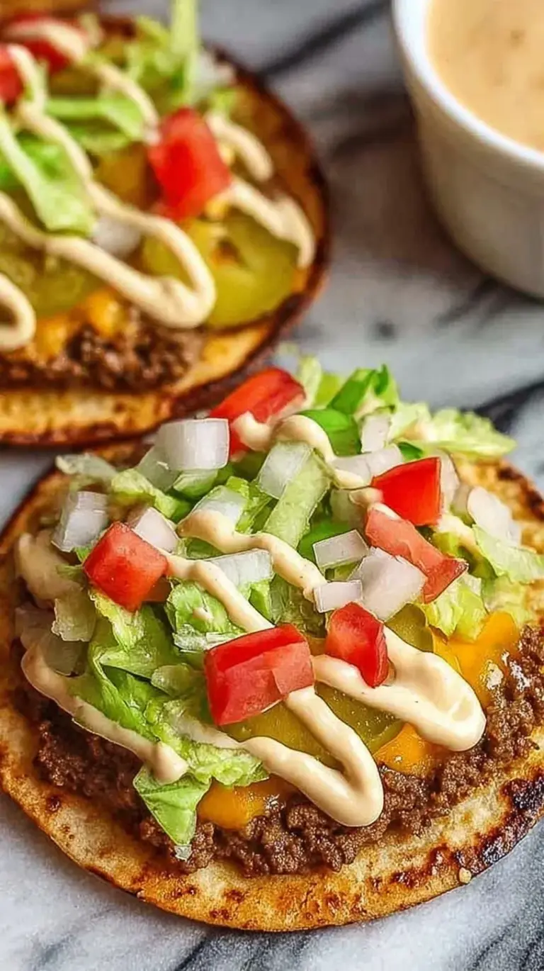 Golden brown smash burger tacos topped with melted cheese, lettuce, and special sauce on a griddle