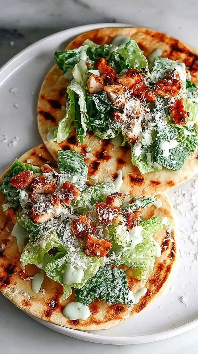 Crispy smashed chicken strips topped with Caesar salad inside charred flour tortillas with lemon wedges nearby.
