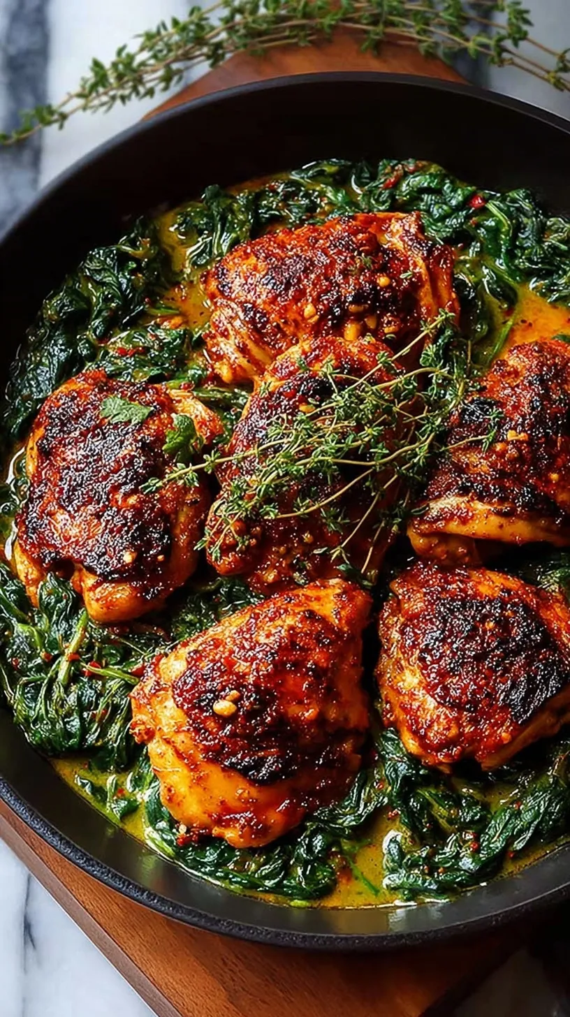 Crispy pan-seared smoked paprika chicken thighs served over a bed of creamy green spinach
