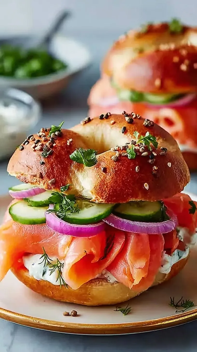 A toasted everything bagel topped with thick cream cheese, bright pink smoked salmon, red onions, and capers.