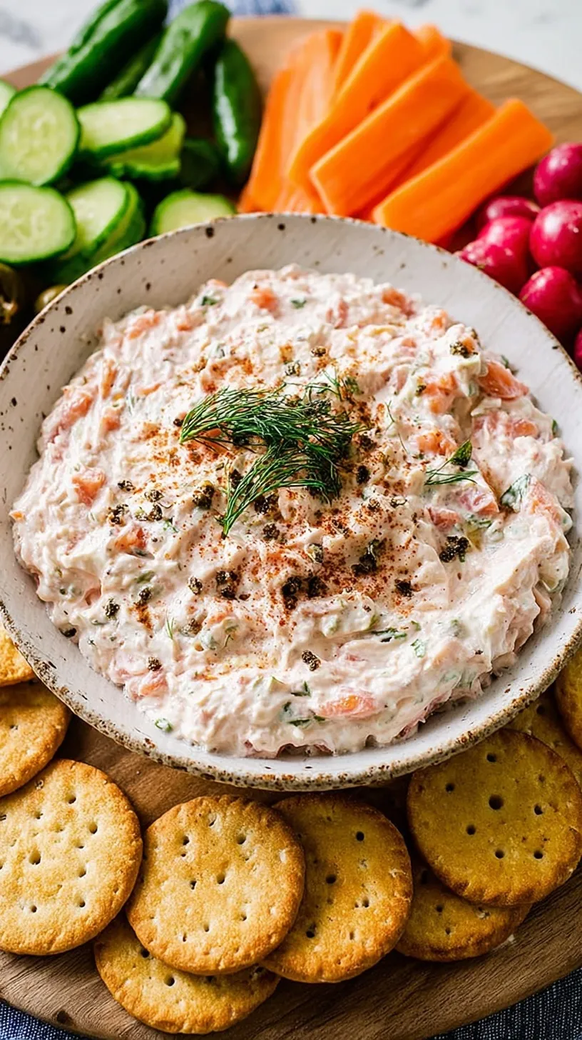 A bowl of creamy smoked salmon dip topped with fresh dill and capers served with crackers.