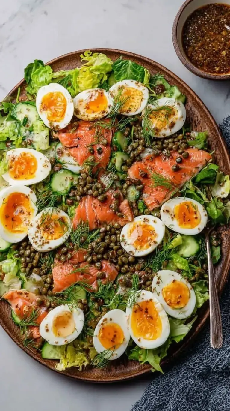 A vibrant Smoked Trout Brunch Platter with jammy eggs, sliced radishes, and fresh dill on a large serving tray.