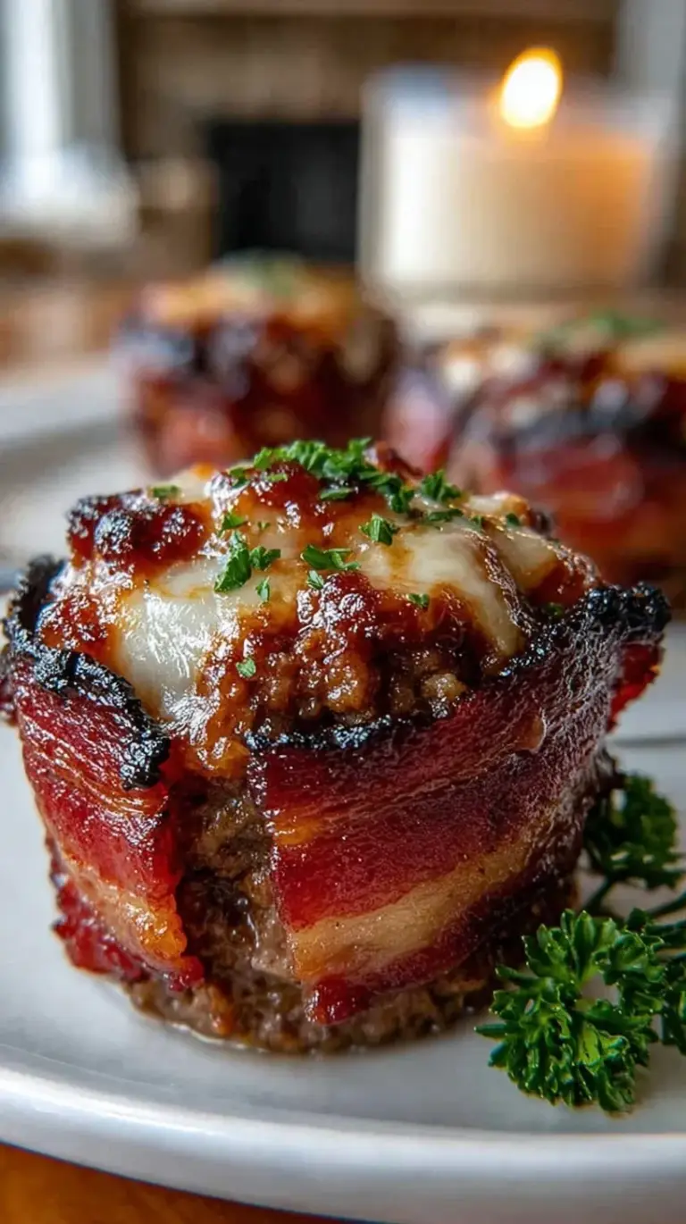 Individual meatloaf cupcakes wrapped in crispy bacon with a glossy bourbon BBQ glaze in a muffin tin.