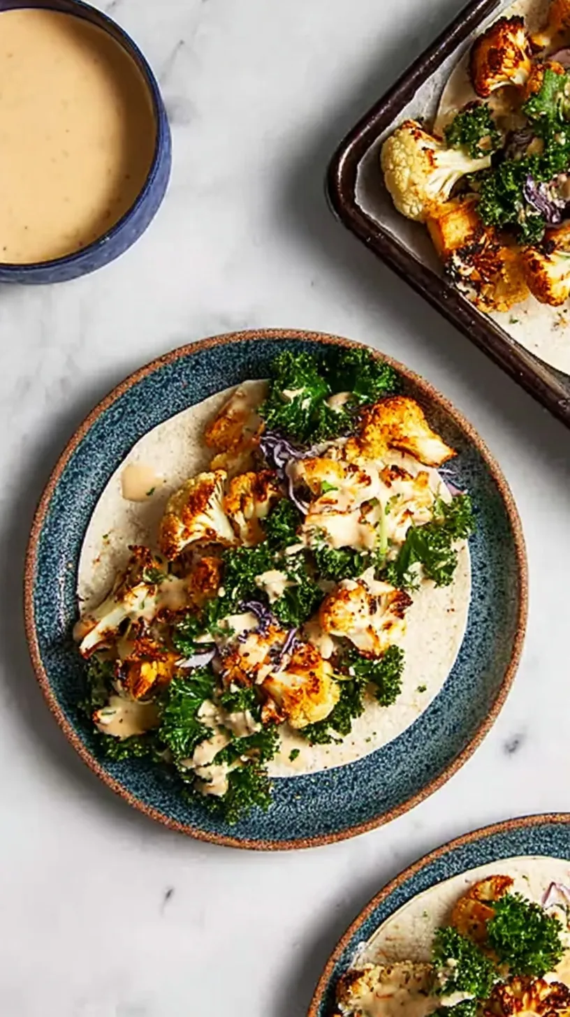 Roasted smoky cauliflower florets in flour tortillas with spinach, red onion, and creamy white cashew dip drizzle.