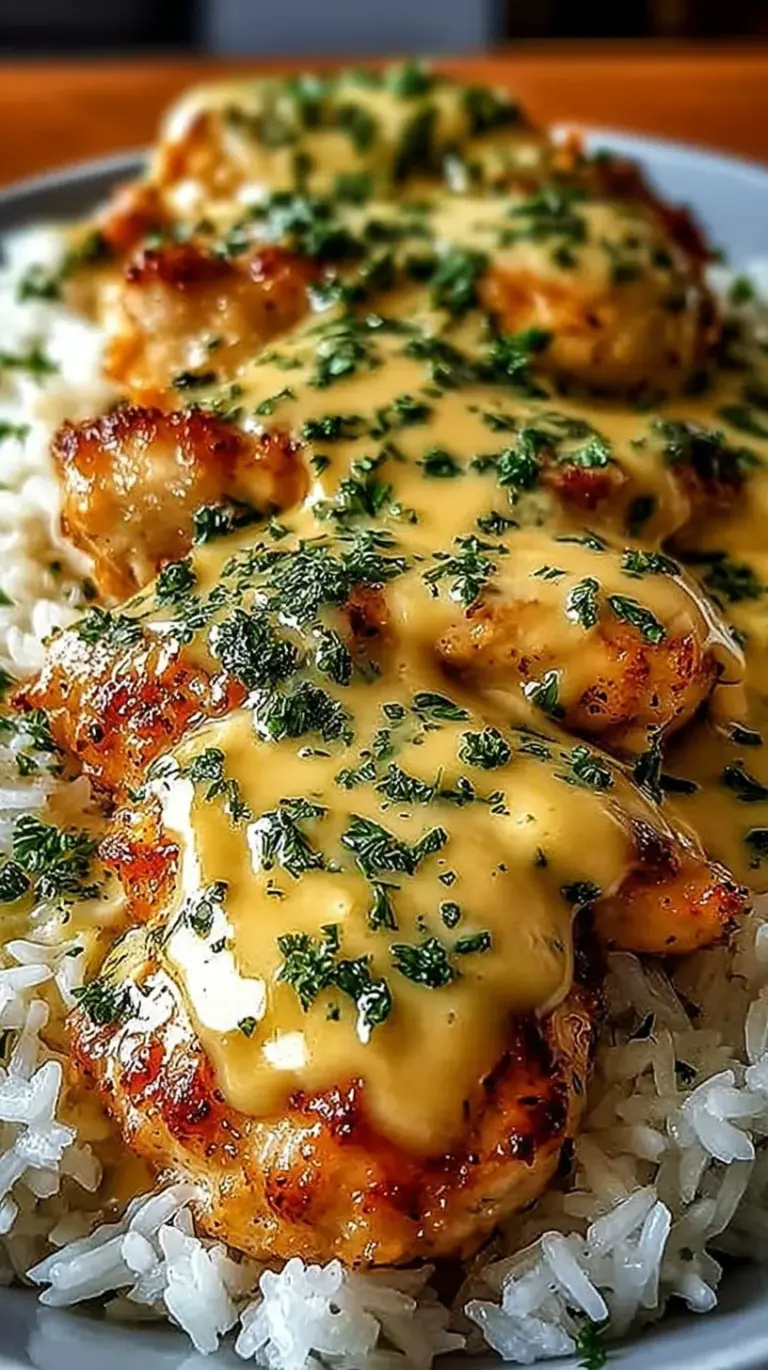Golden pan-seared chicken thighs smothered in rich onion gravy over white rice
