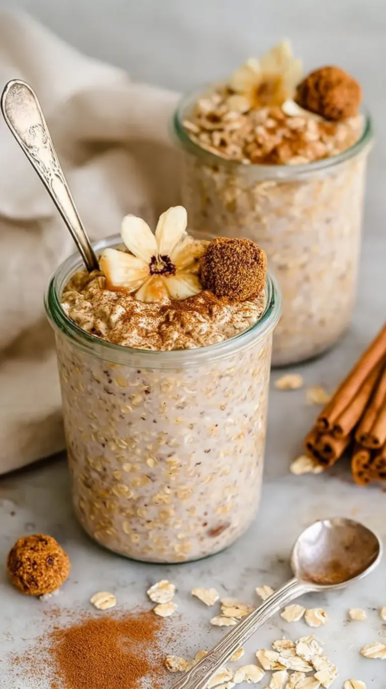 Creamy Snickerdoodle Overnight Oats in a glass jar topped with cinnamon