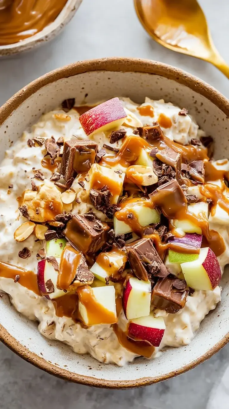 A creamy yogurt bowl topped with green apples, peanuts, chocolate chips, and caramel drizzle.