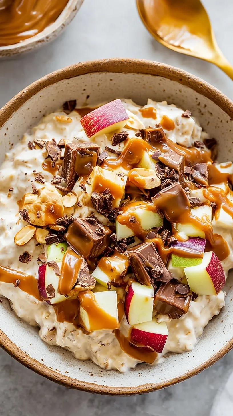 A creamy yogurt bowl topped with green apples, peanuts, chocolate chips, and caramel drizzle.