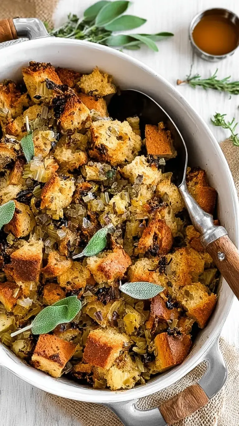 A golden brown ceramic dish filled with crispy sourdough stuffing topped with fresh parsley.