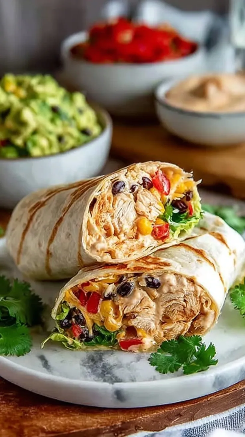 A sliced Southwest Chicken Wrap showing layers of grilled chicken, black beans, corn, and creamy dressing.
