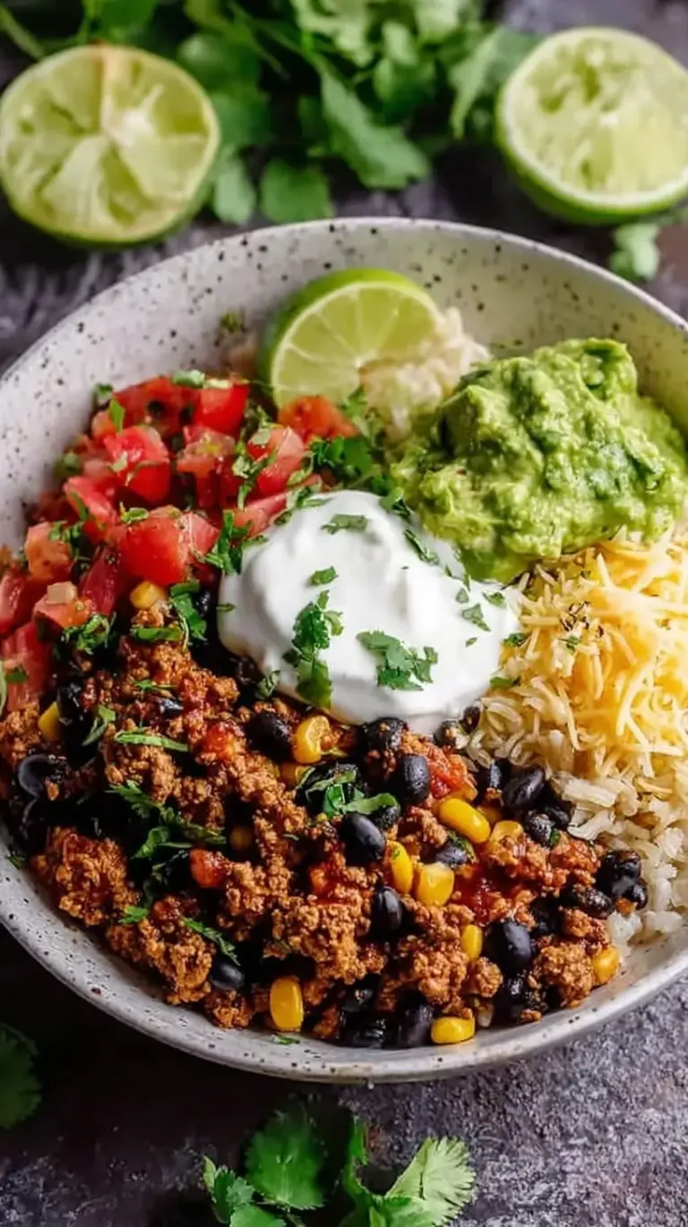 Colorful Ground Turkey Taco Bowls with brown rice, black beans, corn, avocado, and lime wedges
