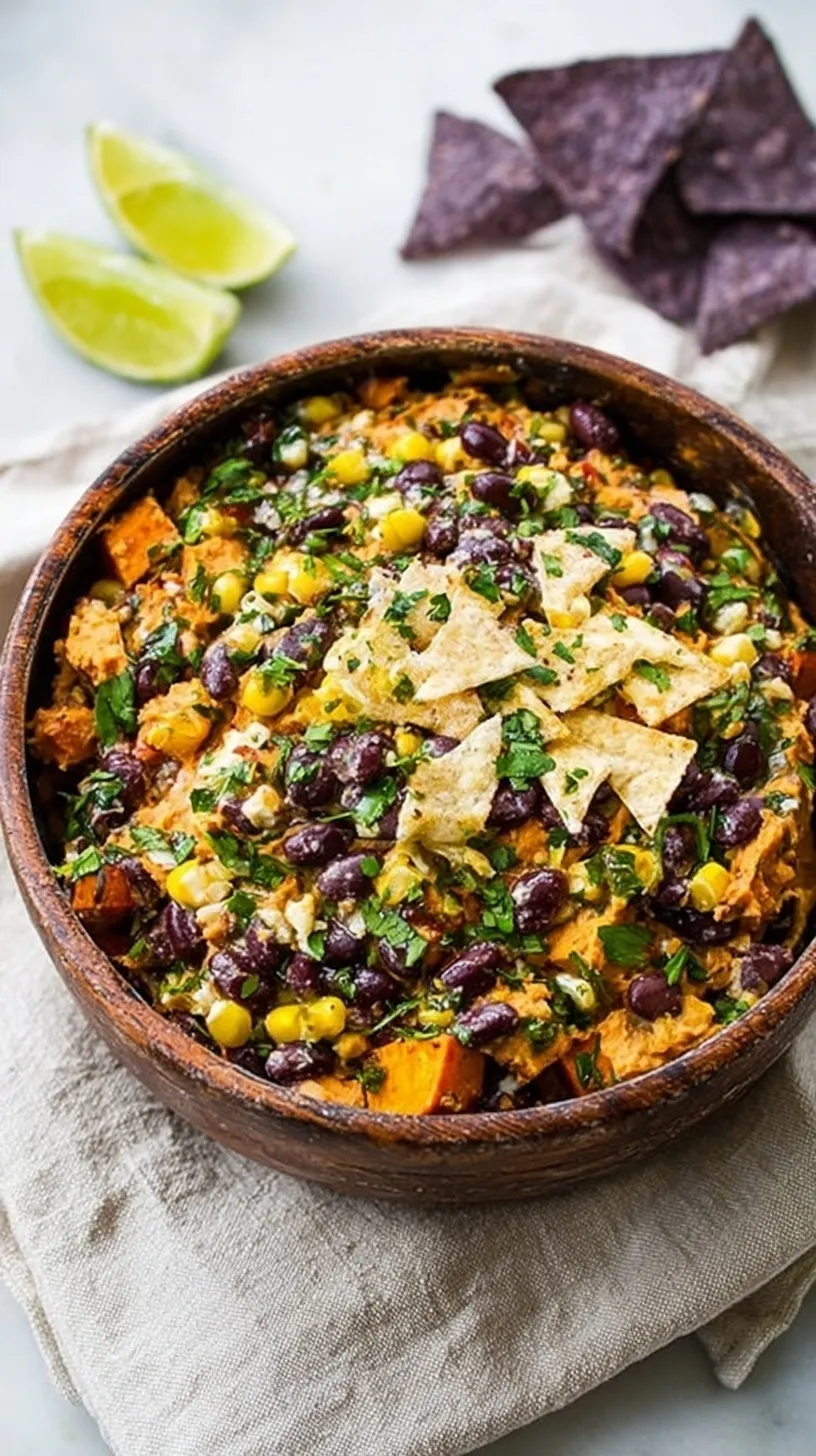 A bowl of vibrant orange sweet potato dip with black beans and cilantro on top