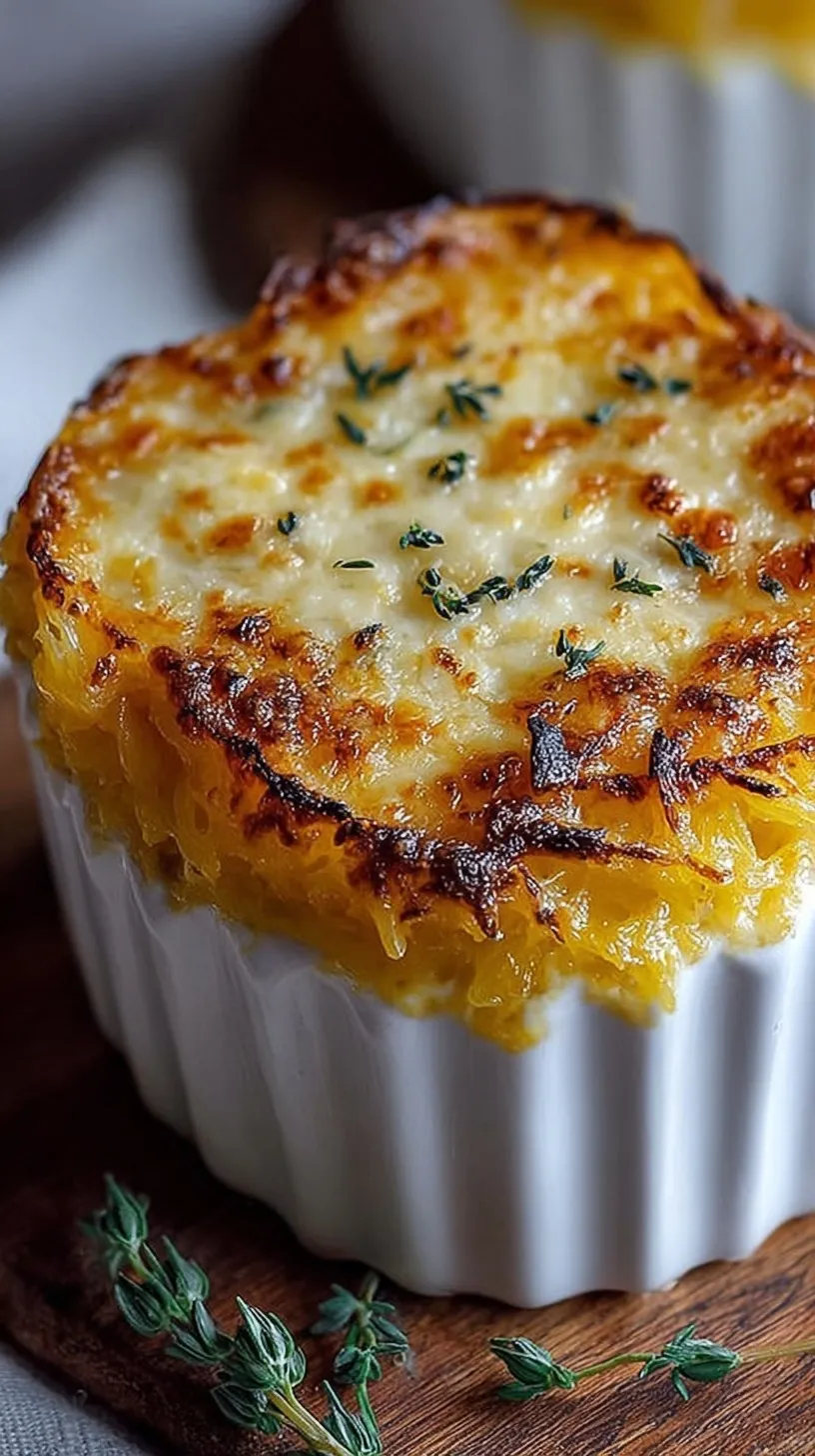 Golden brown Spaghetti Squash Au Gratin in a white baking dish with melted Gruyère cheese