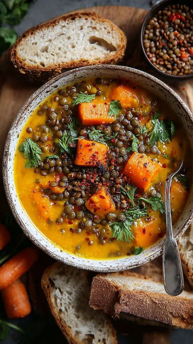 A creamy bowl of orange spiced carrot and lentil soup garnished with fresh cilantro and lemon.