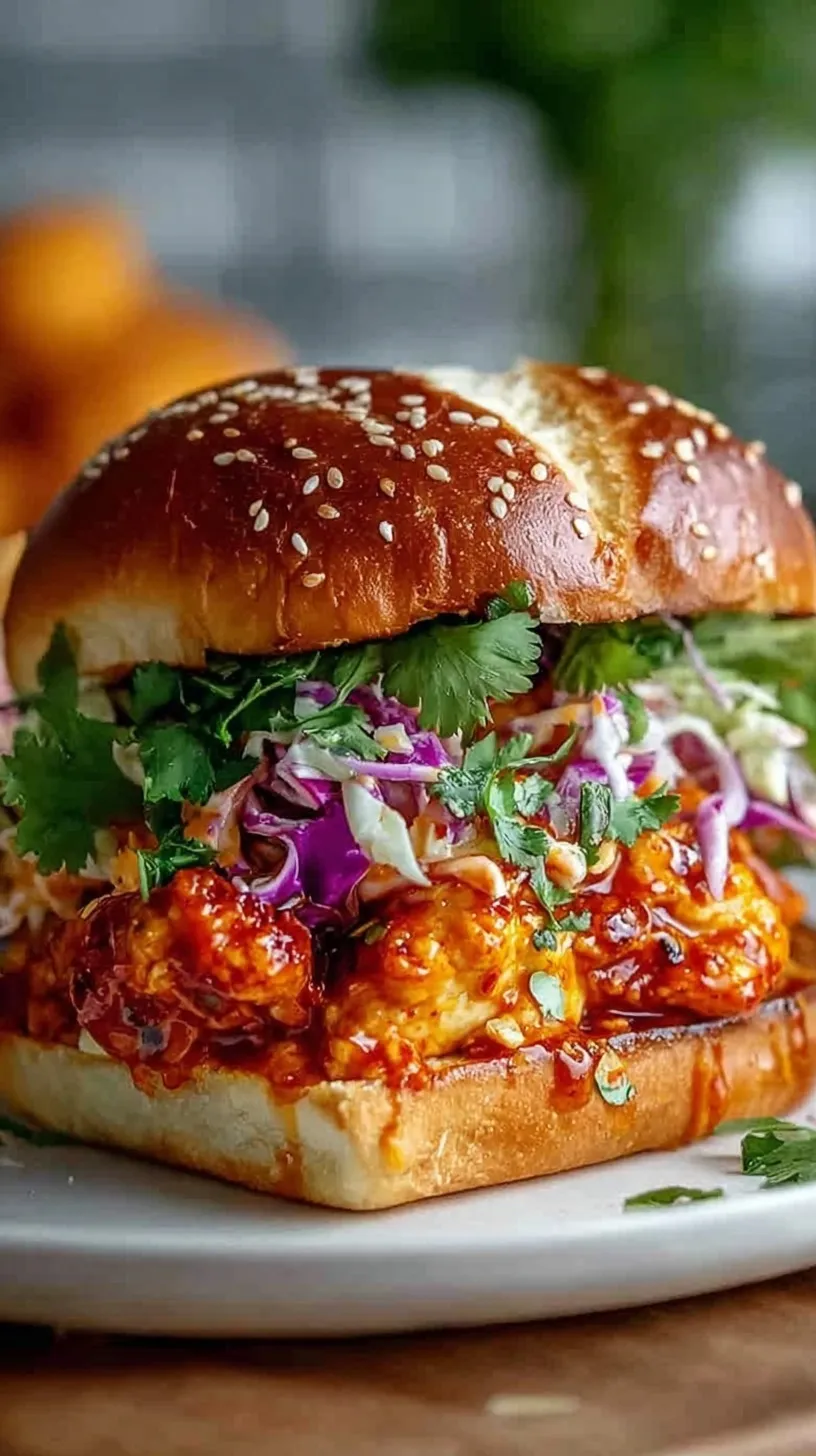 A crispy fried chicken sandwich on a brioche bun dripping with spicy bang bang sauce