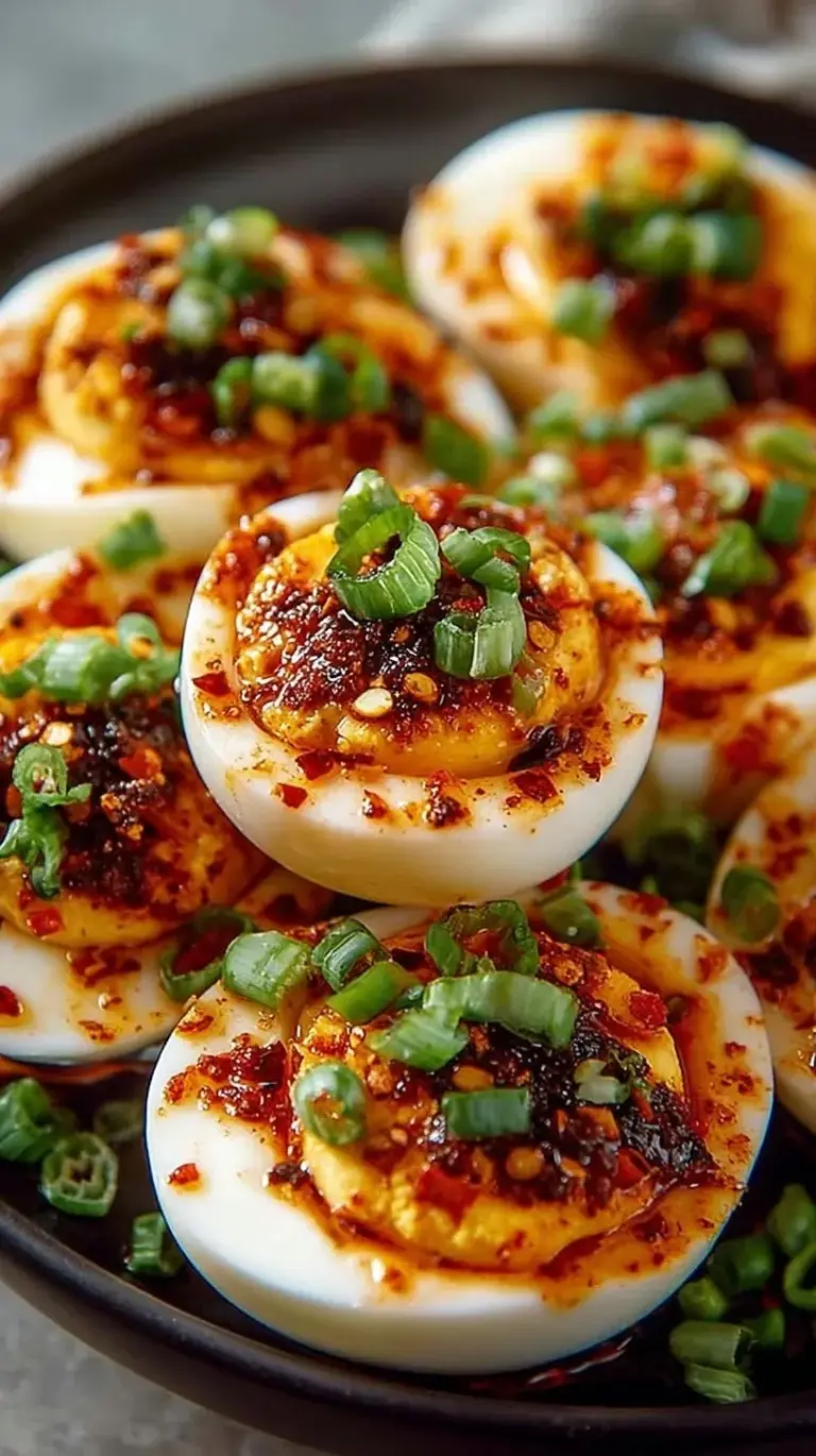 A platter of Spicy Chili Garlic Deviled Eggs garnished with scallions and crispy garlic bits.