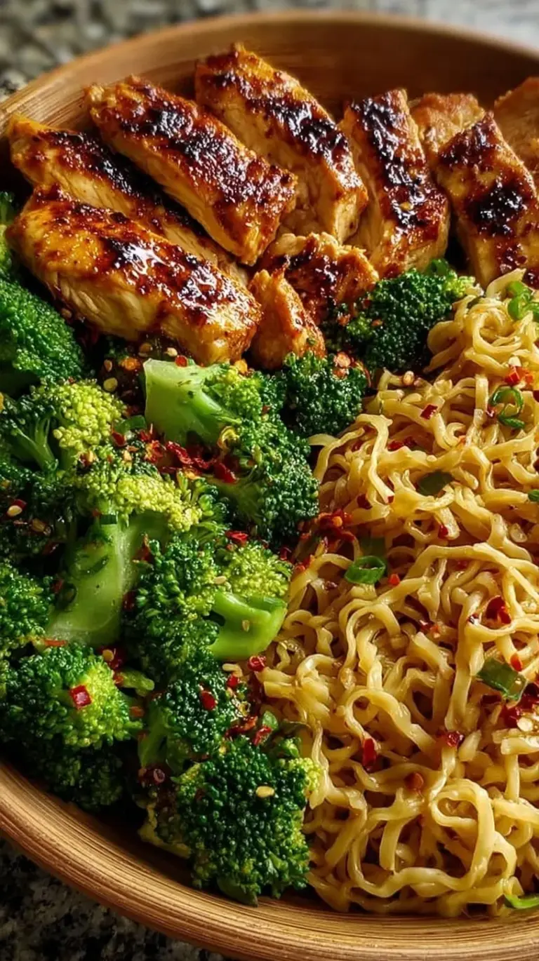 A bowl of spicy garlic chicken, broccoli, and lo mein noodles topped with green onions.