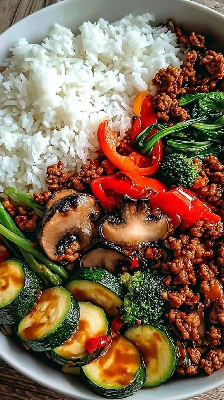 A bowl of spicy ground beef stir fry with broccoli and red peppers over white rice
