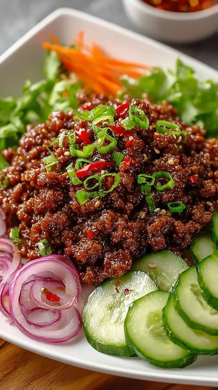 A bowl of spicy Korean ground beef served with a side of sliced marinated cucumbers and sesame seeds.