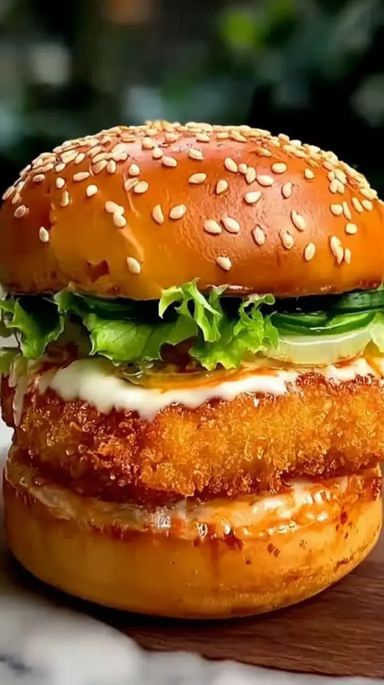 A crispy fried chicken patty on a toasted sesame seed bun with mayo and lettuce.
