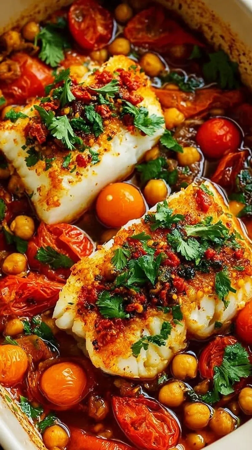 Flaky white fish fillets topped with green olives and lemon slices on a bed of roasted peppers and tomatoes.