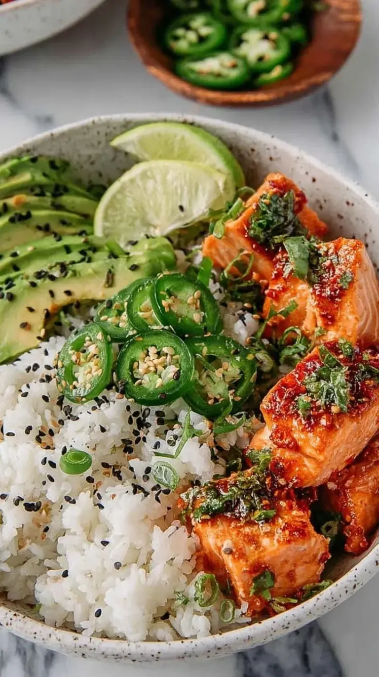 Glazed spicy salmon fillets served over white coconut rice with avocado and cucumber