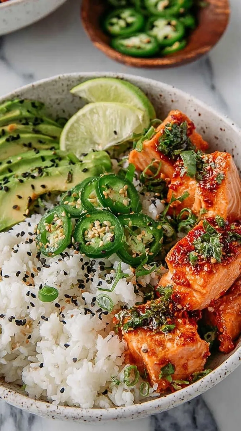 Glazed spicy salmon fillets served over white coconut rice with avocado and cucumber