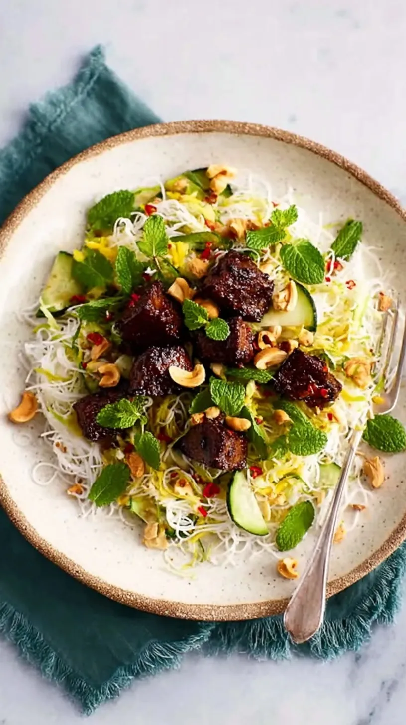 A vibrant bowl of Spicy Tempeh and Rice Noodle Salad with fresh herbs and crushed peanuts.