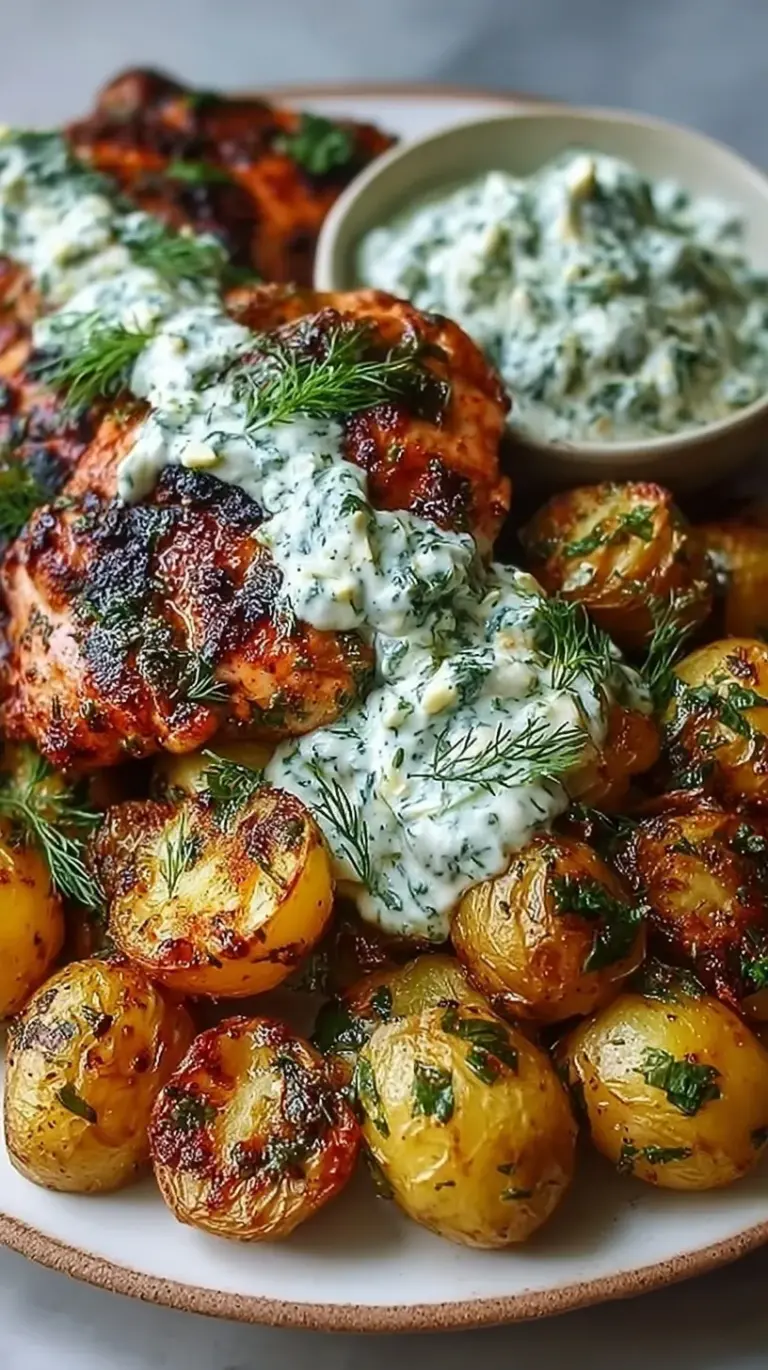 Spicy yogurt marinated chicken thighs served with crispy roasted potatoes and a dollop of green dill feta cream.