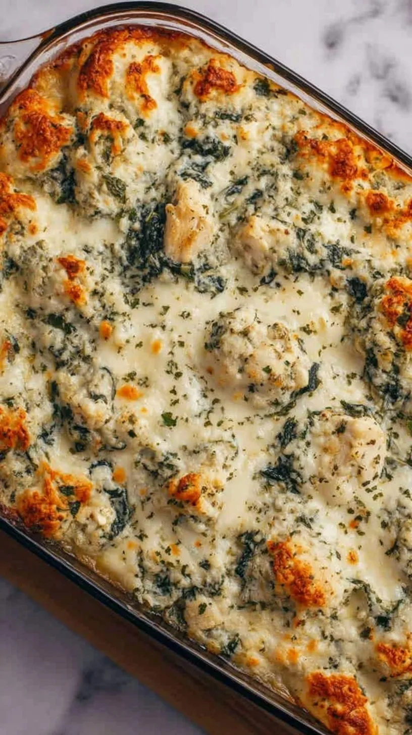 A golden brown Spinach and Artichoke Chicken Casserole in a white baking dish with melted mozzarella cheese.