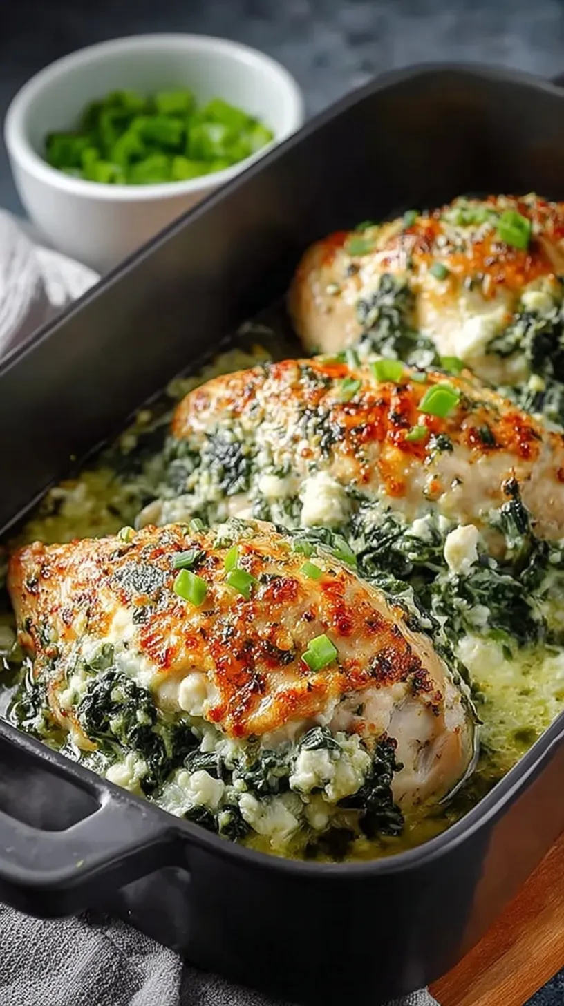 Stuffed Spinach and Feta Baked Chicken breasts in a glass baking dish with lemon wedges