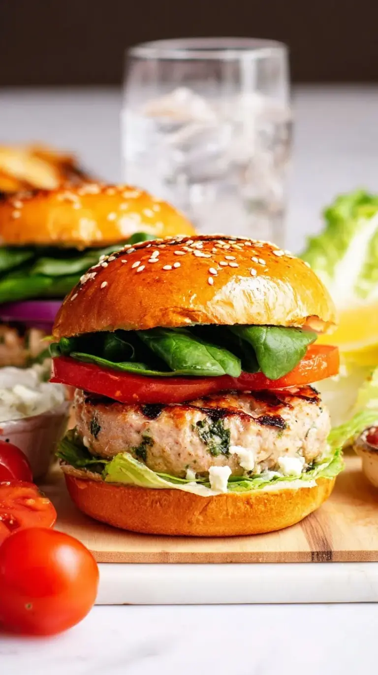 A juicy turkey burger with melted feta and fresh spinach on a brioche bun