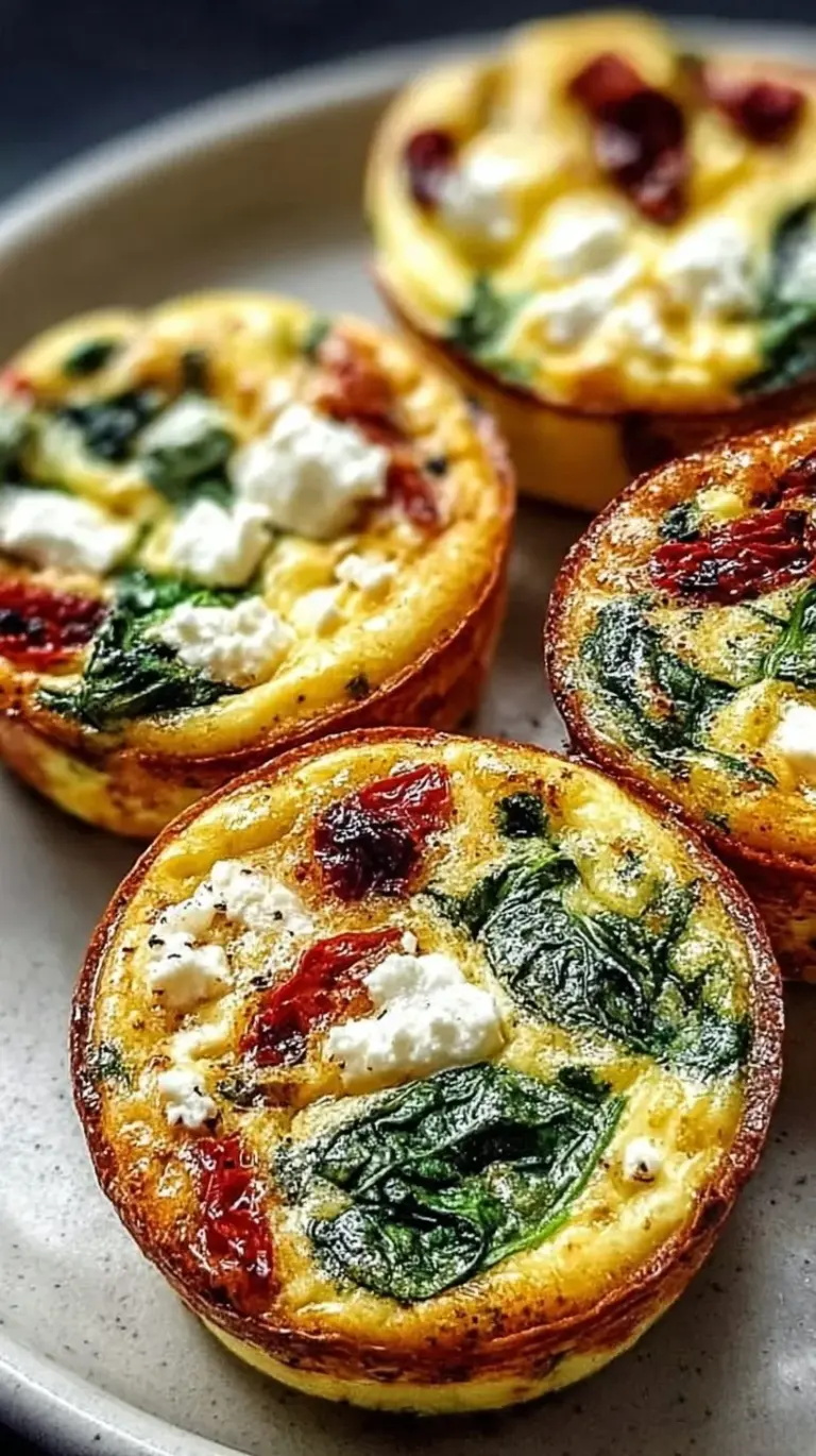 Golden brown Mediterranean egg muffins with spinach, feta, and sun-dried tomatoes in a muffin tin.