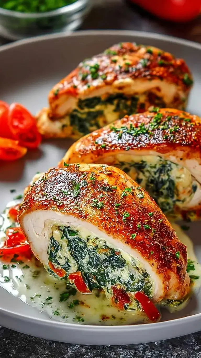 Golden brown seared chicken breast stuffed with creamy green spinach and cheese filling on a skillet