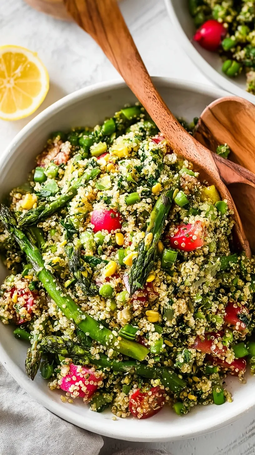 A vibrant Spring Quinoa Salad in a large bowl with green asparagus, peas, radishes, and feta cheese.